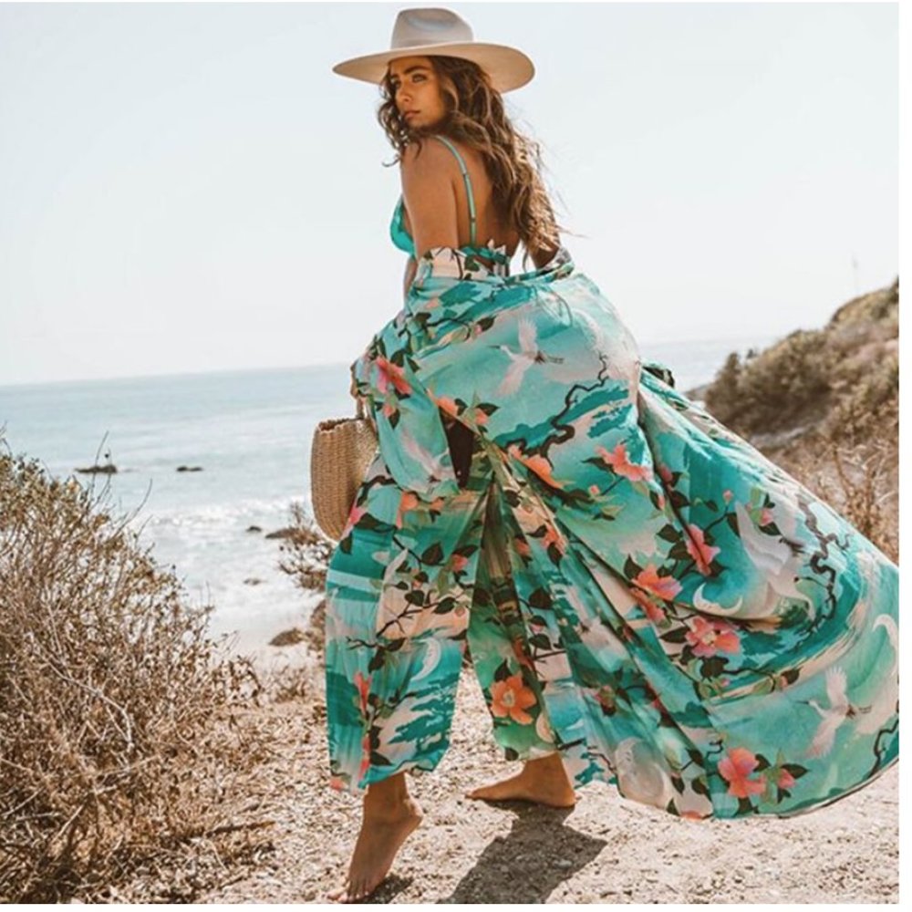green BOHO Floral print Kimono belted cover up